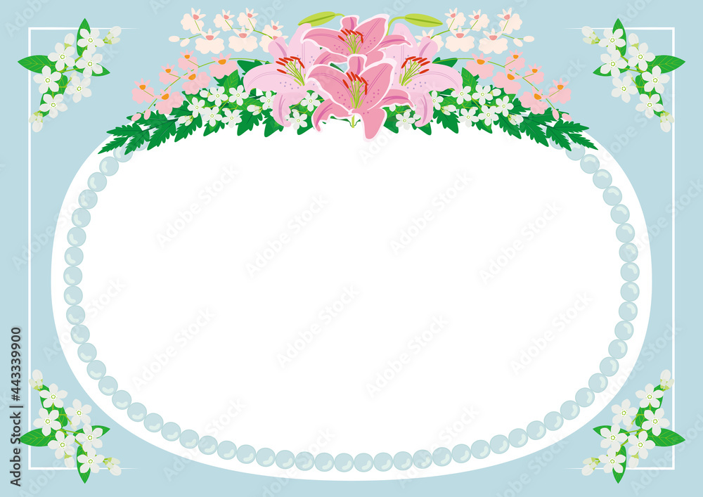 Classical Pink Lily with Oncidium Orchid, Oxypetalum coeruleum Tiny Flowers Oval Frame Background 