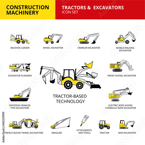 Tractor-based vehicle construction machinery transport icons set