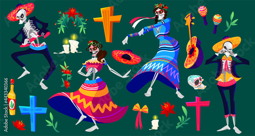 Mexican Day of the dead, Dia de los muertos skeletons characters and holiday items. Dancing Catrina and mariachi musicians, sugar skulls, cross, flowers and burning candles Cartoon vector illustration