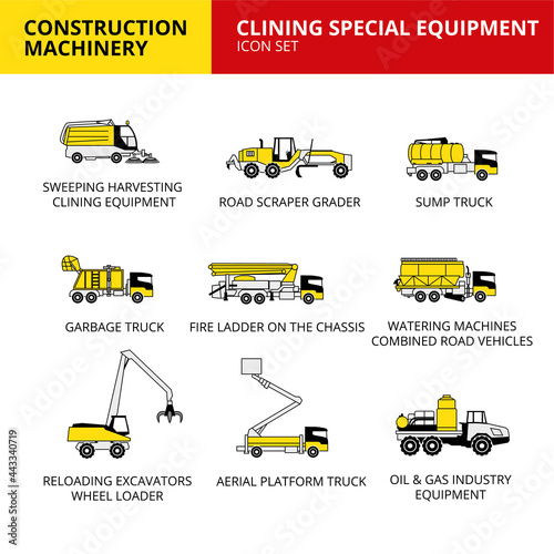 clining Special equipment machinery vehicle and transport car construction machinery icons set vector photo