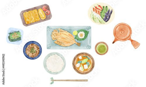日本の朝食（和食）手描き水彩風イラスト