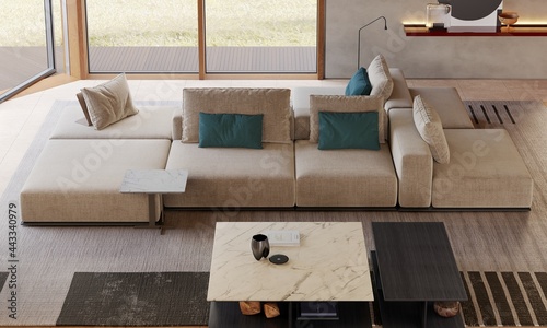 Soggiorno moderno di design italiano di alta qualità, divano modulare, poltrona, scultura, tavolini, madia, rendering 3d photo