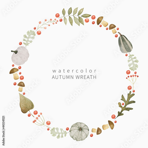 Watercolor autum wreath illustration with leaves, pumpkins, mushrooms and berries. Hand drawn fall frame for Thanksgiving invitatation, cards, logo design and other.