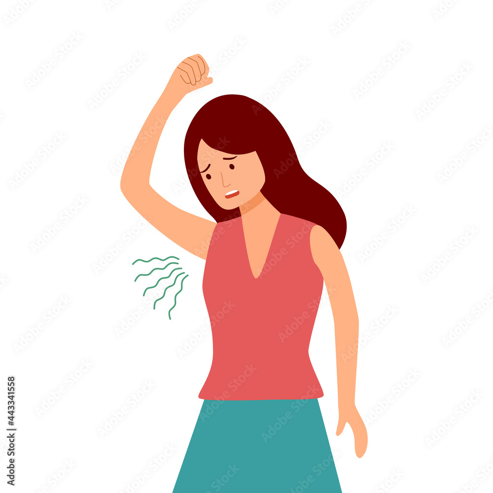 Terrible smell armpit concept vector illustration on white background. Woman has bad smell and sweaty underarm. Bad body odor problem. Terrible smell armpit concept vector illustration on white background. Woman has bad smell and sweaty underarm. Bad body odor problem.