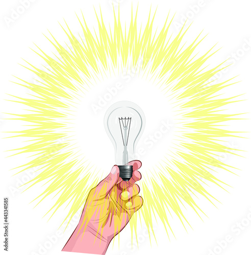 Color image of a hand holding a burning light bulb on a white background