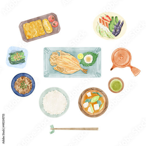 日本の朝食（和食）手描き水彩風イラスト