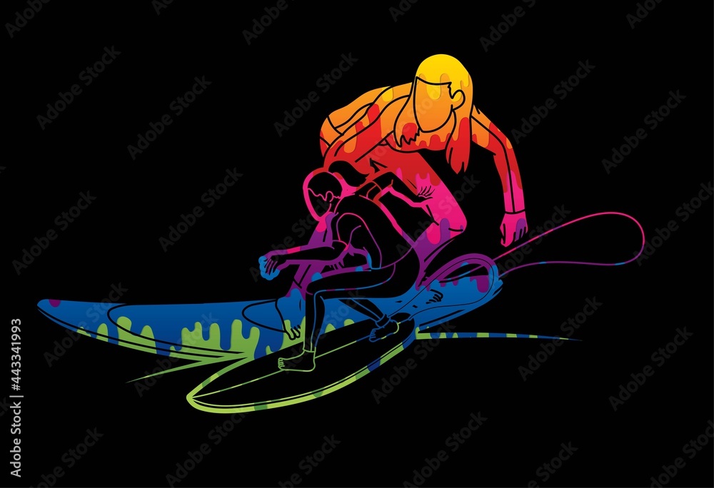 Women Surfer Action Surfing Sport Female Players Cartoon Graphic Vector	
