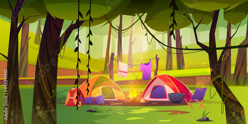 Summer camp on forest glade with tent and campfire. Vector cartoon landscape of woods or natural park with green trees and grass, camping with chair, boiler, backpack and clothesline above fire
