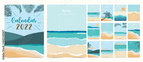 Canvas Print 2022 table calendar week start on Sunday with beach and sea that use for vertica