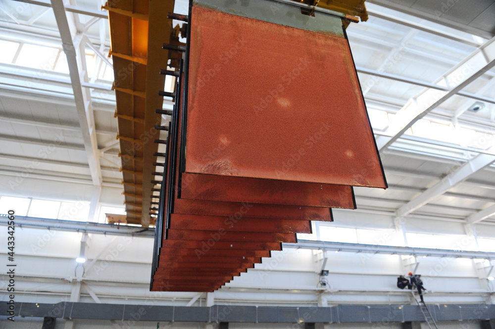 East Kazakhstan region, Kazakhstan - 12.02.2015 : Layers of cathode copper on a special lift for processing.