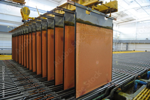 East Kazakhstan region, Kazakhstan - 12.02.2015 : Layers of cathode copper on a special lift for processing. photo