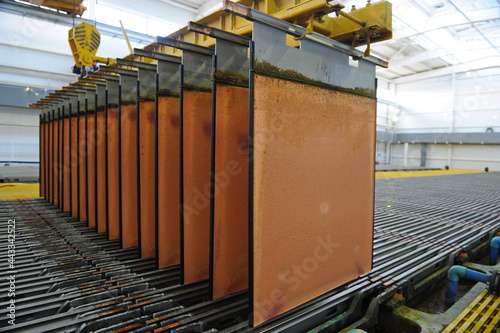 East Kazakhstan region, Kazakhstan - 12.02.2015 : Layers of cathode copper on a special lift for processing.