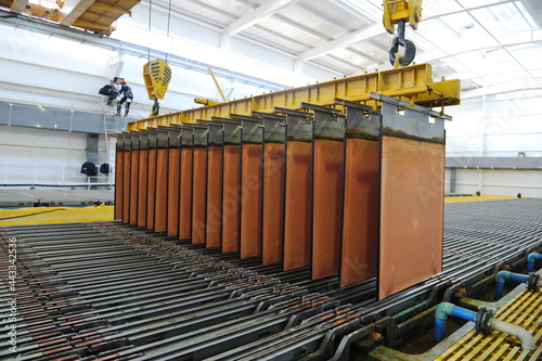 East Kazakhstan region, Kazakhstan - 12.02.2015 : Layers of cathode copper on a special lift for processing.