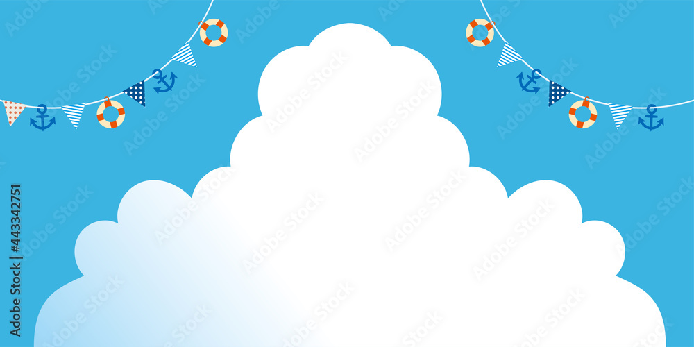 販促サマーセール販促夏のイメージの縦型バナー素材｜背景イラスト　青空と白い雲と夏のガーランド三角旗