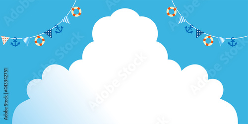 販促サマーセール販促夏のイメージの縦型バナー素材｜背景イラスト　青空と白い雲と夏のガーランド三角旗