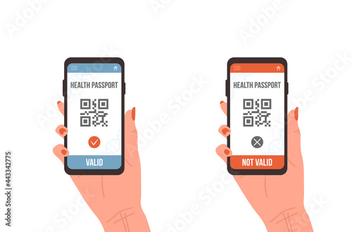 QR code with health passport. Female hand holding smartphone with electronic valid and not valid vaccination certificate. Check of safety from covid-19. Vector illustration in flat cartoon style.