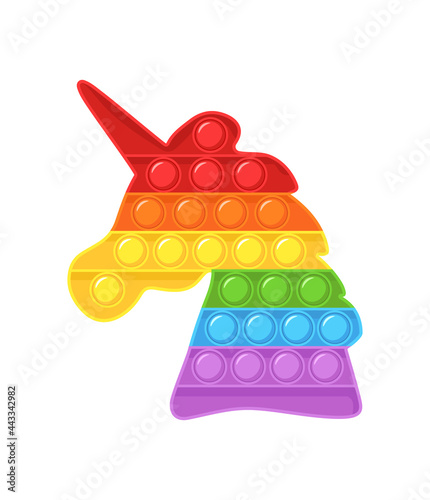 Pop it fidget. Trendy sensory plaything. Unicorn shaped antistress children game. Colorful hand toy with push bubbles. Vector illustration in flat cartoon style.