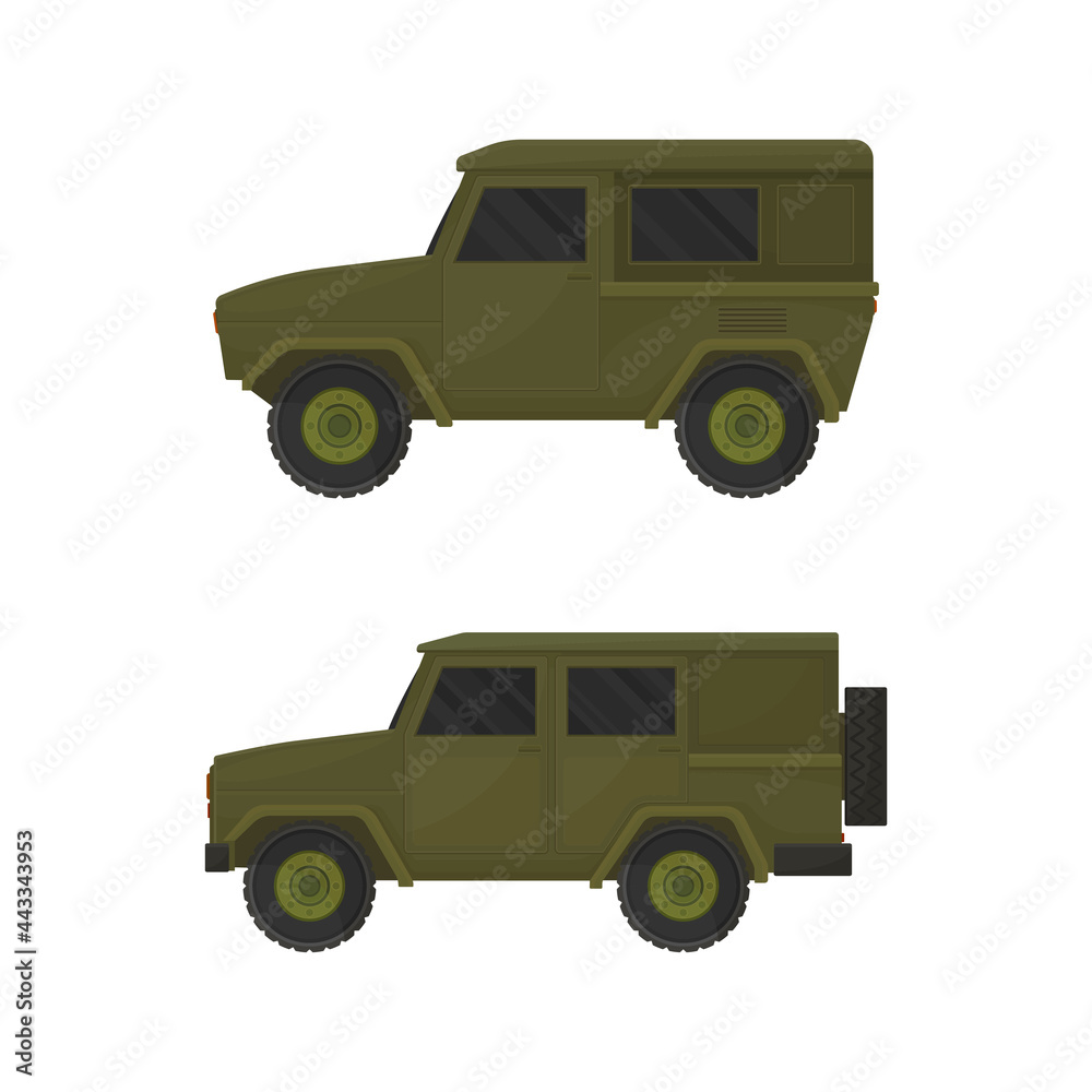 Military Car as Transportation Vehicle Used in Army for Carrying Armed Forces Vector Set