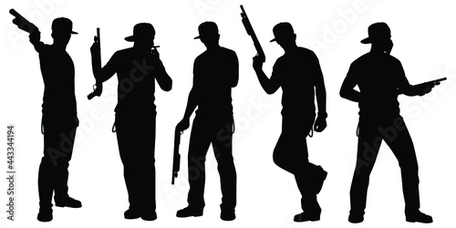 Set of gangster men with shotgun silhouette vector on white background