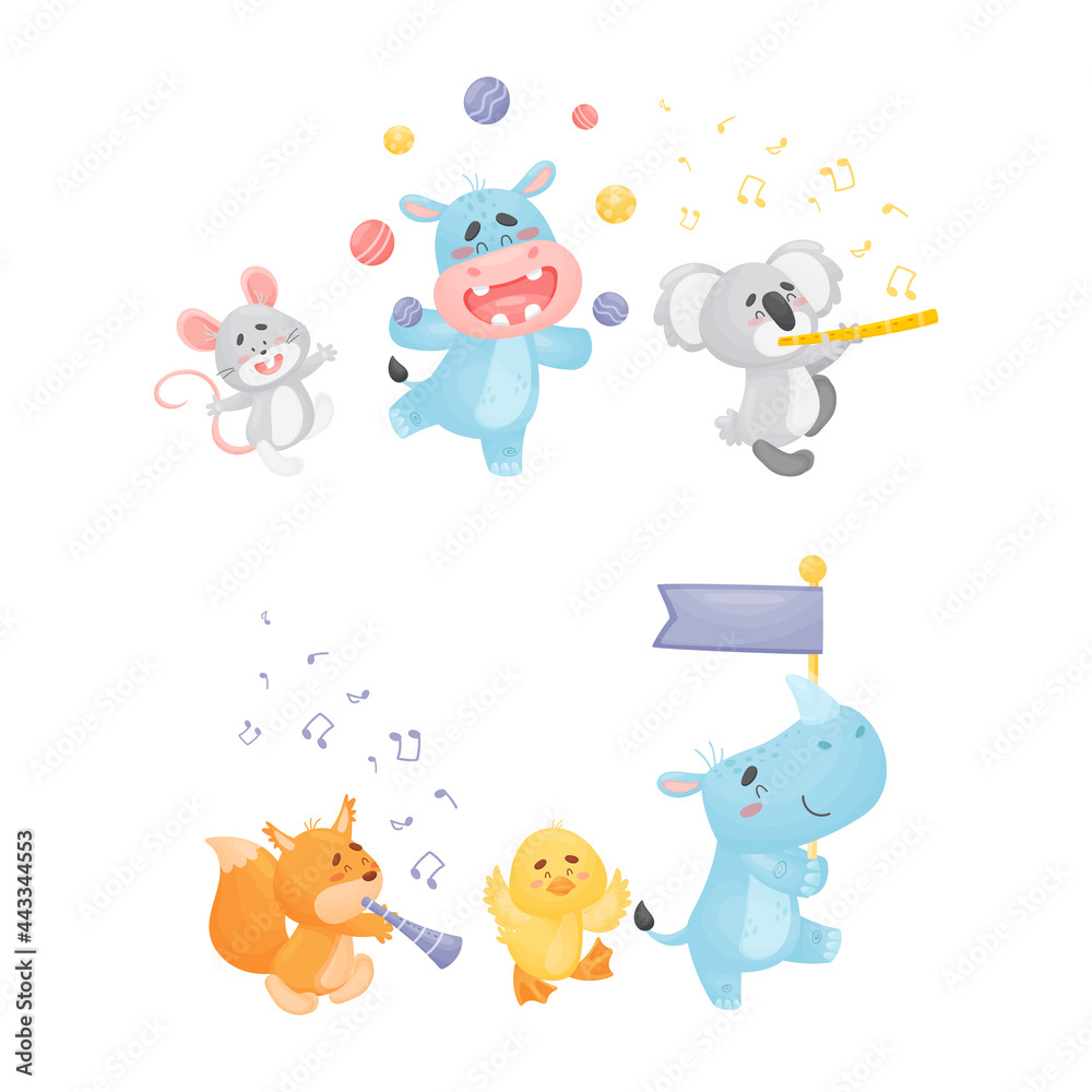 Obraz premium Cute Animals Carrying Flag and Playing Musical Instrument Vector Set