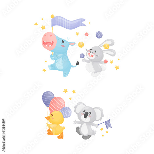Fototapeta Naklejka Na Ścianę i Meble -  Cute Animals Carrying Flag and Juggling Balls Vector Set