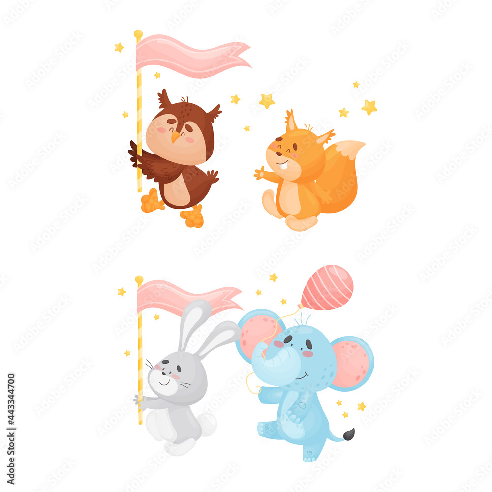 Naklejka premium Cute Animals Carrying Flag and Toy Balloon Vector Set