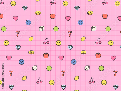 Cute gambling icons arranged on pink grid ears. Simple pattern design template.