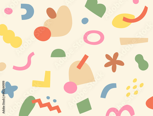 Abstract cute geometric doodles are scattered and form a pattern. Simple pattern design template.