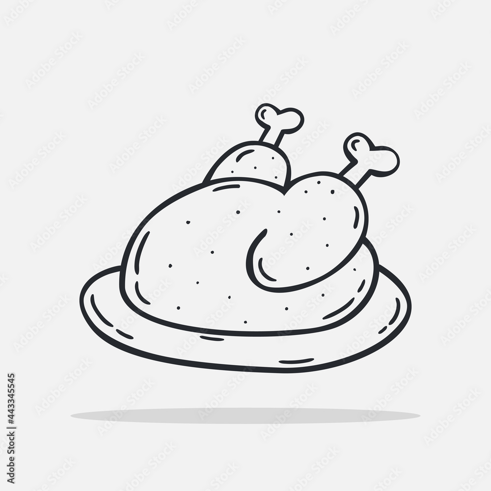 Hand drawn roasted chicken icon Design Template. vector sketch doodle illustration. Outline style, Perfect for food concepts, diet infographics, icons or web design, street restaurants menu
