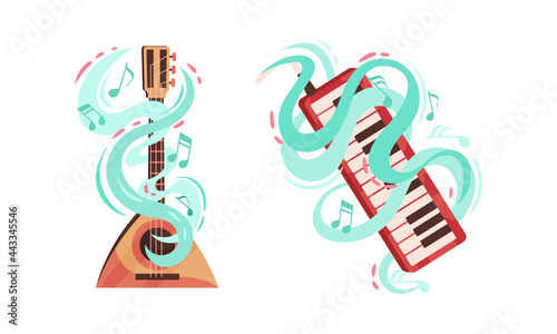 Musical Instruments with Keyboard and Balalaika Twisted with Decorative Swirling Line and Note Vector Set
