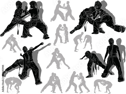hand-to-hand fighters grey and black silhouettes set