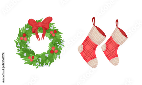 Festive New Year and Christmas Attribute with Advent Wreath and Stocking Vector Set