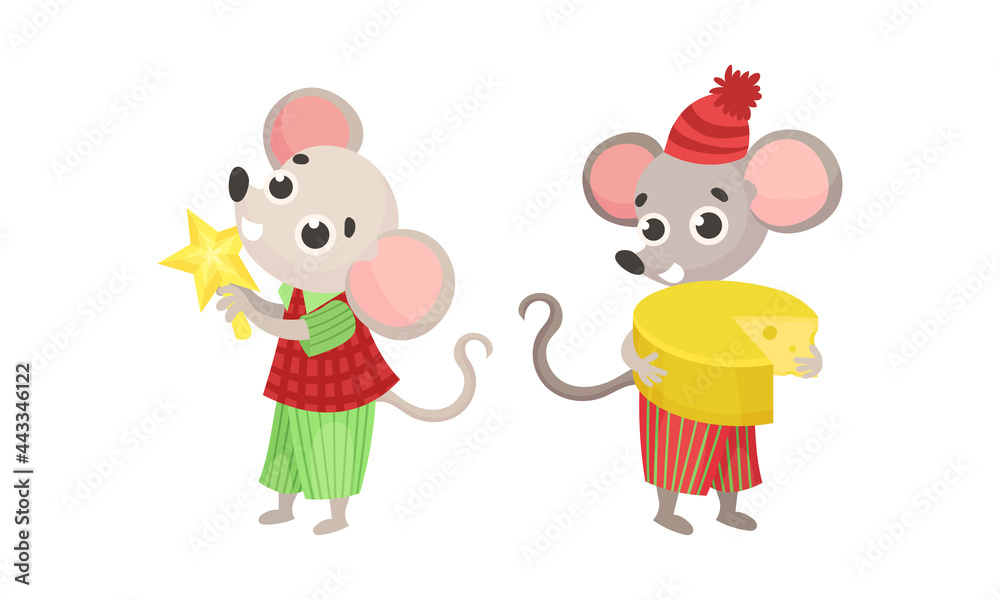 Festive New Year and Christmas Attribute with Mouse in Knitted Hat Holding Cheese and Star Vector Set Festive New Year and Christmas Attribute with Mouse in Knitted Hat Holding Cheese and Star Vector Set