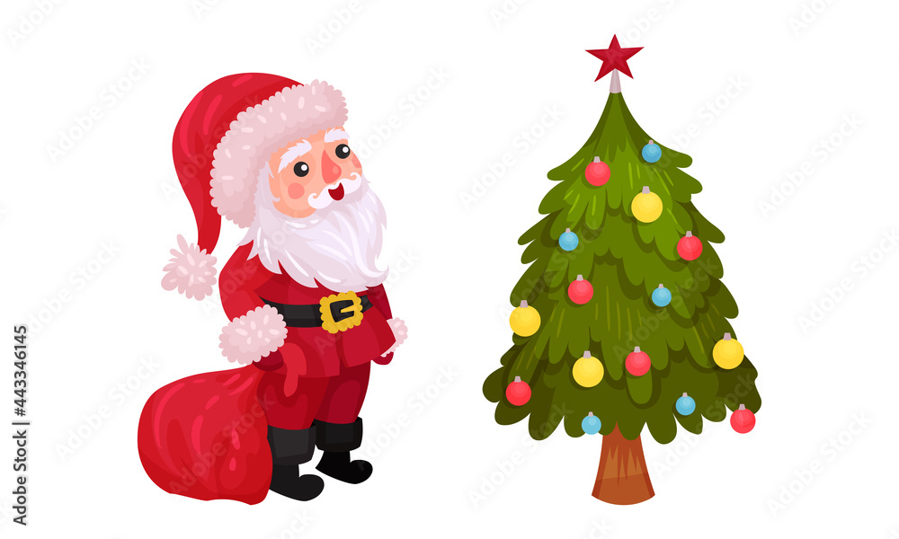 Festive New Year and Christmas Attribute with Santa Claus and Decorated Fir Tree Vector Set