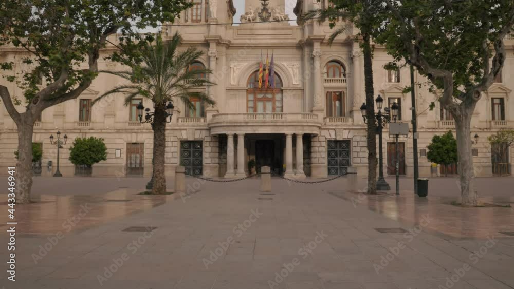 Pan towards the front facade of the town hall building in Valencia, Spain Pan towards the front facade of the town hall building in Valencia, Spain