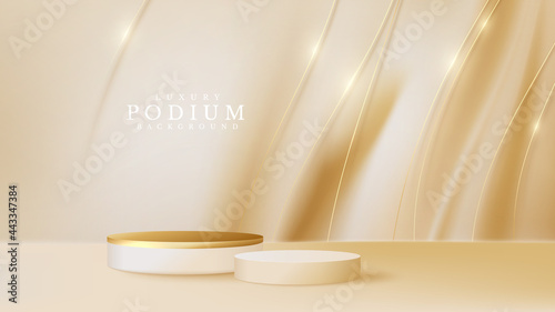 Podium product display with golden curve line on luxury canvas background. empty space for place beauty or cosmetics product, 3d realistic vector illustration.