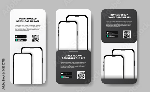 social media stories banner advertising for downloading app for mobile phone, double smartphone. Download buttons with scan qr code template. 3D perspective phone