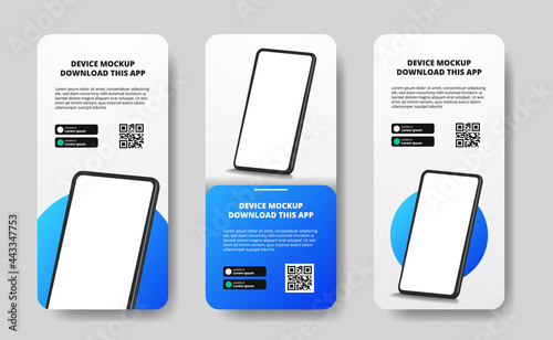 social media stories banner advertising for downloading app for mobile phone, smartphone. Download buttons with scan qr code template. 3D perspective phone