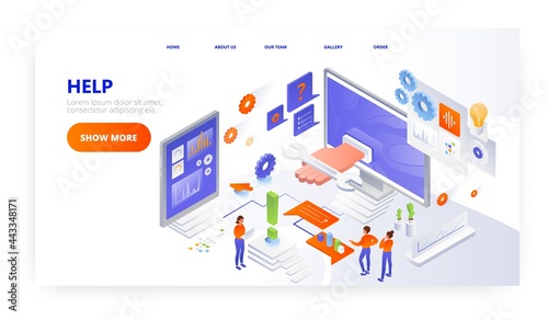 Help landing page design, website banner vector template. Technical assistance, customer support, computer service.