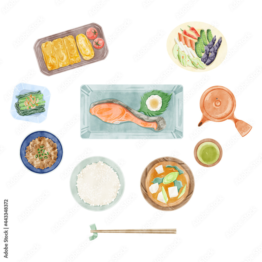 日本の朝食 和食 手描き水彩風イラスト Stock Vector Adobe Stock 日本の朝食 和食 手描き水彩風イラスト Stock Vector Adobe Stock