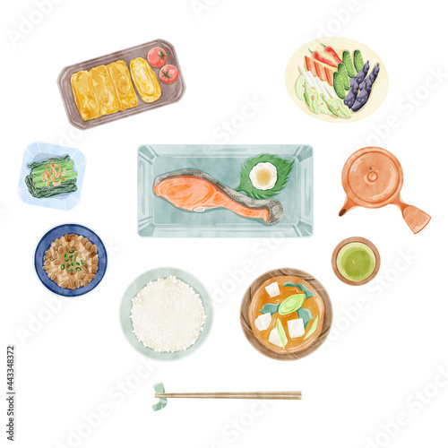 日本の朝食（和食）手描き水彩風イラスト
