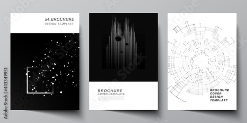 Vector layout of A4 cover design templates for brochure, flyer layout, booklet, cover design, book design. Black color technology background. Digital visualization of science, medicine, tech concept.