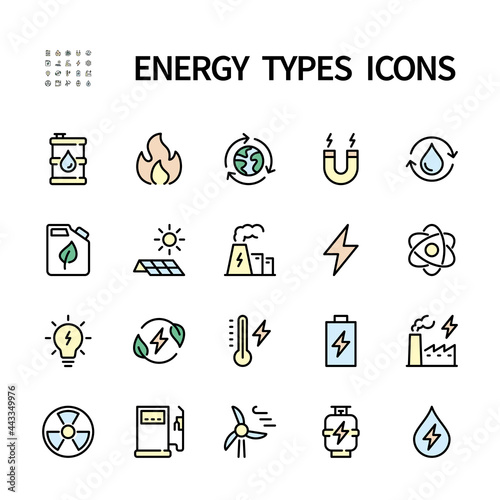 Types of energy vector icons. Color symbols of ecology. Isolated icon collection on white background. Energy symbol vector set.