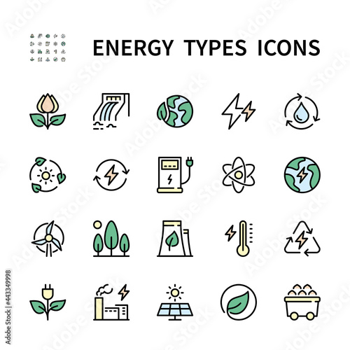 Types of energy vector color icons. Isolated color icon collection of energy types on white background. Energy symbol vector set.