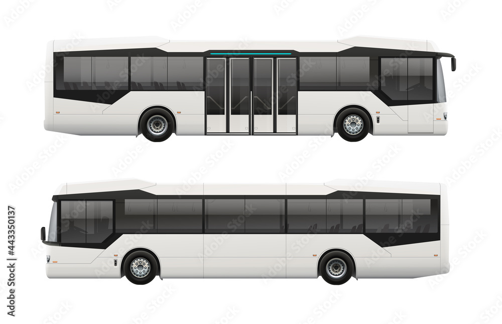 Futuristic passenger bus or autonomous self driving transport isolated on white . Bus Mockup template vector template. Passenger Transport for brand identity and advertising design Futuristic passenger bus or autonomous self driving transport isolated on white . Bus Mockup template vector template. Passenger Transport for brand identity and advertising design
