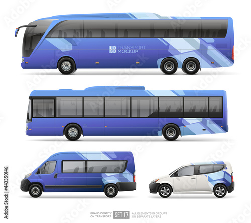 Transport mockup set of coach bus, passenger van, service car with corporate brand identity. Abstract blue stripes geometric graphics for branding design on corporate transport. Vector illustration