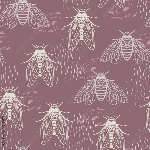 Seamless pattern with flying cicadas and abstract elements. Trending background, linear style, insect silhouettes - fly, butterfly, cicada, bee. Fashionable animal print. Vector illustration.
