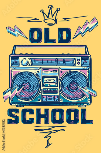 Old school - music design, funky colorful drawn boom box tape recorder
