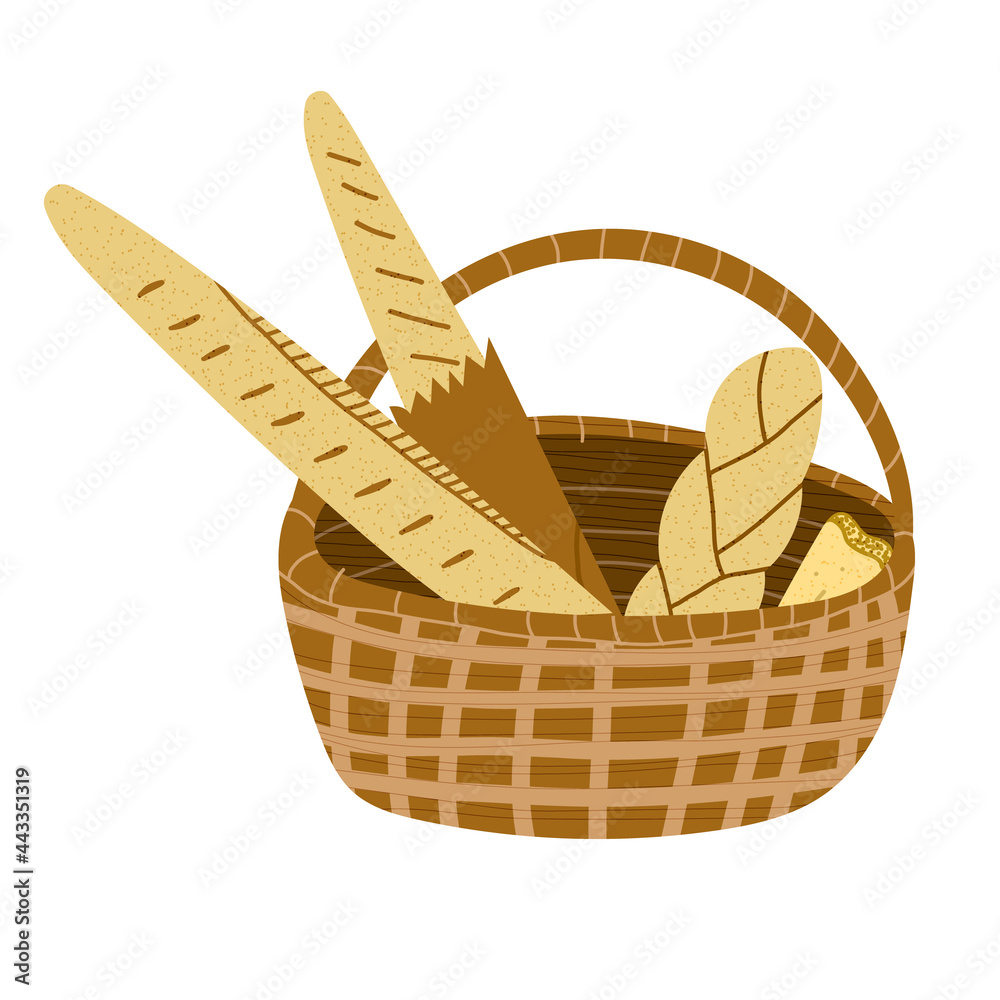 Obraz premium Hand drawn vector illustration of basket filled with assorted bread French baguette, breaded loaf, slice of white bread. Cartoon doodle style isolated on white background.