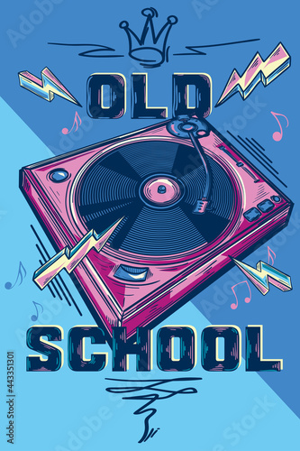 Old school - music design, funky colorful drawn turntable